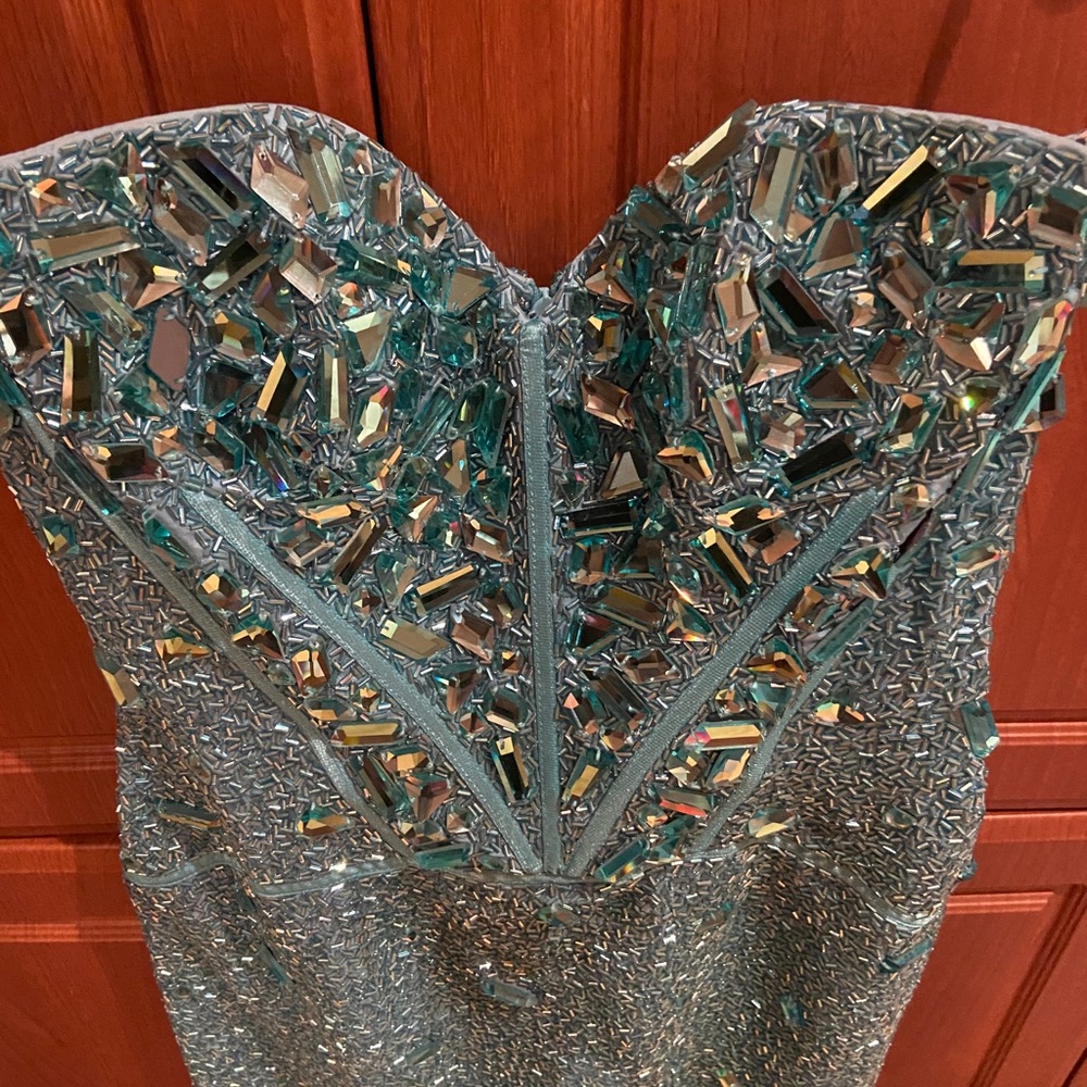 Sherri Hill Turquoise Over The Knee Beaded Dress View 3